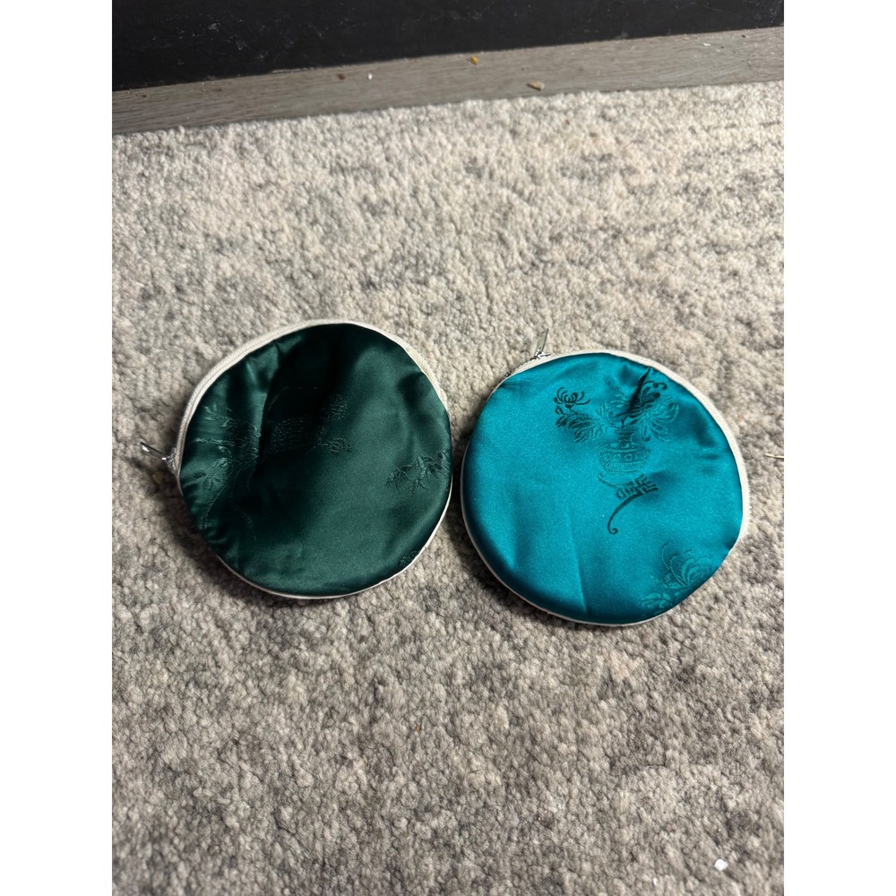 Set of 2 Vintage Embroidered Silk Round Coin Purses Emerald Teal Green Zippered